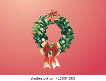 Low poly vector of a Christmas Wreath in high details object. Front view, with red color background. EPS 10. Ideal for illustration, wall decoration or t-shirts.