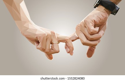 Low Poly Vector Of A Couple Hands In High Details. With Index Fingers Intertwine Each Others. With Soft Light Brown Background. EPS 10.