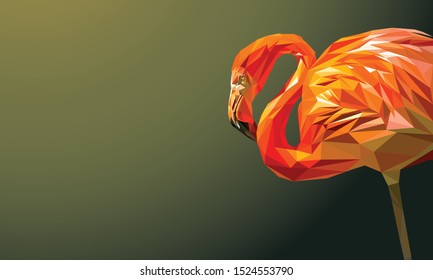 Low poly vector of a flamingo in high detail. Left view. With dark green background. EPS 10.