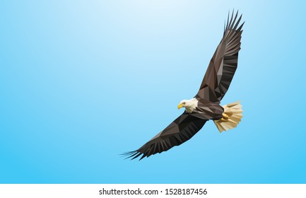 Low poly vector of a flying eagle in high detail. With blue background. EPS 10.