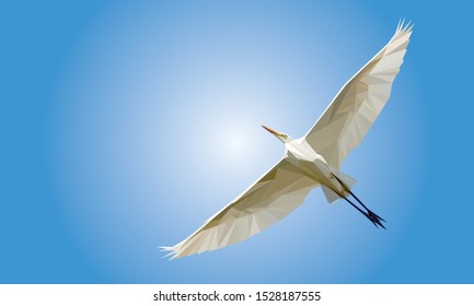 Low poly vector of a flying white great egret in high detail. With blue background. EPS 10.