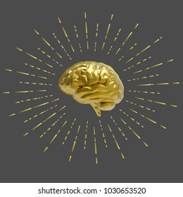 Low poly vector golden brain with starburst illustration isolated on gray background