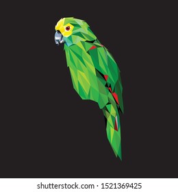 Low poly vector of a green macaw in high detail. Left view. With black background.
