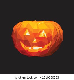 Low poly vector of halloween pumpkin. Seen from the front direction, with dark background.