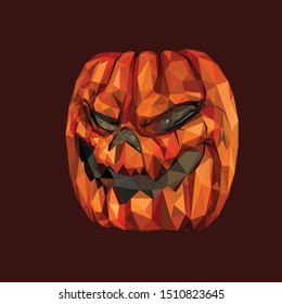 Low poly vector of halloween pumpkin. Seen from the front direction, with dark background.