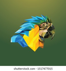 Low poly vector head of a blue-yellow macaw bird. Right view, with dark green background.