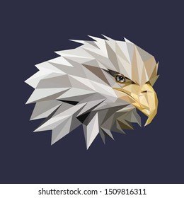 Low poly vector head of an eagle. Seen from the right direction, with dark background.