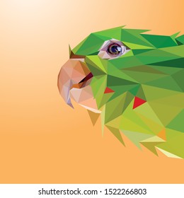 Low poly vector head of a green macaw in high detail. Left view. With orange background.