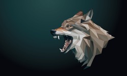 Low Poly Vector Head Of A Grey Wolf In High Detail. Left View. With Dark Green Background. EPS 10.