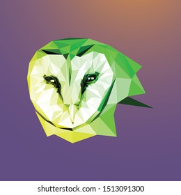 Low poly vector head of an owl in yellow and green color effect. Seen from the front direction.
