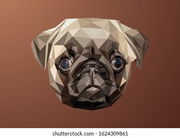 Low poly vector head of a pug in high details. Object triangle geometric illustration. Abstract polygonal art. With black color background. Ideal for illustration, posters or t-shirts.