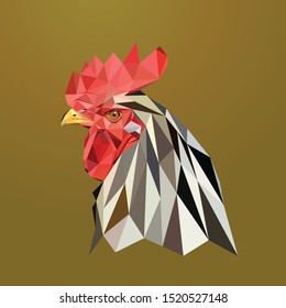 Low poly vector head of a white rooster in high detail. Left view. With  green-brown background.