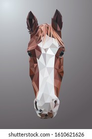 Low poly Vector of horse head in high details. With grey color background. Ideal for illustration, wall decoration or t-shirts. EPS 10.