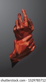 Low poly vector of human's hand in red color with high details. Front view. With black background. EPS 10.