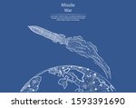 Low poly vector illustration of combat missile in the form of lines and dots, consisting of triangles and geometric shapes. 3d polygonal space. Launched rocket flying over the Earth.