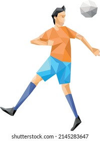 low poly vector illustration of a football player scoring a goal on a football match, using his head.