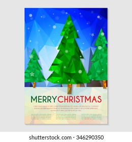 Low Poly Vector Illustration With Green Christmas Tree And Snowflakes. Template For Greeting Card, Poster, Banner, Flyer, Web Site Background, Layout, Content Page, Brochure, Scrap Booking, Calendar