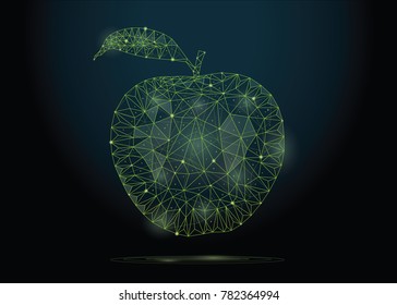 Ilustración vectorial de pozo bajo una manzana verde de puntos, líneas y formas. Apple está compuesto de polígonos. Brillo y estrellas, constelación.