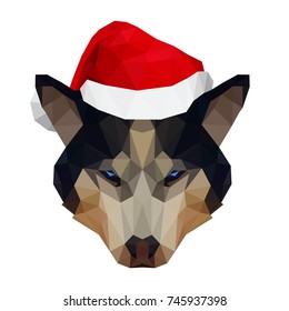 Low poly vector illustration of the husky dog's head wearing Santa's hat. Isolated on white background. 