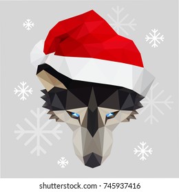 Low poly vector illustration of the husky dog's head wearing Santa's hat. 