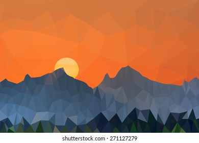 Low poly vector illustration of mountains and colorful sky landscape at sunset. 