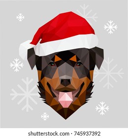 Low poly vector illustration of the rottweiler dog's head wearing Santa's hat. 