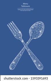 Low poly vector illustration of spoon and fork in the form of lines and dots, consisting of triangles and geometric shapes. 3d polygonal space. Menu or restaurant business. Kitchen appliance.