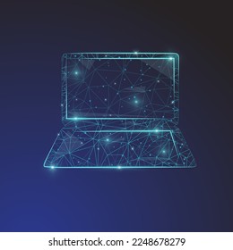 vista frontal de la laptop vectorial de bajo nivel de polo hecha de formas geométricas líneas y estrellas brillantes azules