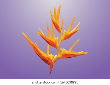 Low poly vector of orange Strelitzia in high details. Flower triangle geometric illustration. Abstract polygonal art. With dark purple color background. Ideal for illustration, posters or t-shirts.