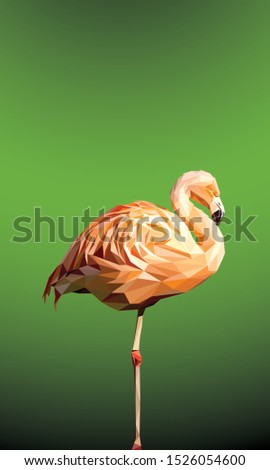 Low poly vector of a pink flamingo in high detail. Right view. With green background. EPS 10.