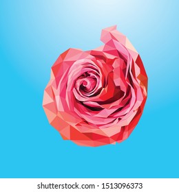 Low poly vector of a pink rose. Seen from above. With blue-white background.