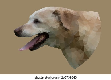 Low poly vector portrait, illustration of dog with open mouth and lolling tongue.