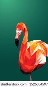 Low poly vector of a red flamingo in high detail. Left view. With dark green background. EPS 10.