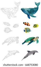 Low poly vector sea animals set: (whale, fishes, turtle, dolphin) on a transparent background. Abstract polygonal geometric illustration. Set of outline animals. Set of polygonal animals icons, logo.