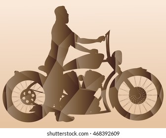 low poly vector silhouette motorcycle and man