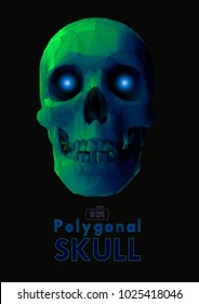 Low poly vector skull front view in green color with wireframe glowing eyes on dark background