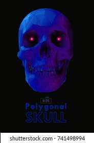 Low poly vector skull front view in dark blue and purple color with wireframe and glowing eye on dark background