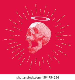 Low poly vector skull and halo ring with stripe line on starburst drawing red background