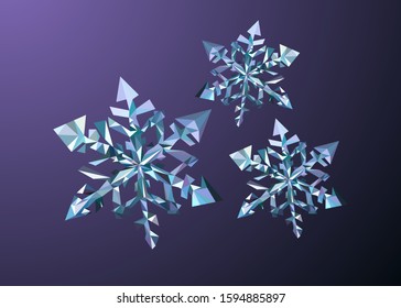 Low poly vector of three snow flakes in high details. Object illustration. With dark purple color background. EPS 10.