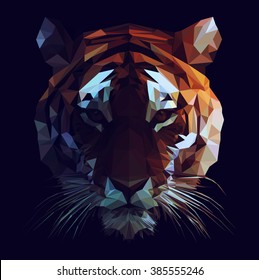 Low poly vector tiger illustration. Polygonal animal graphic design. Color filter on separate layer.