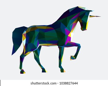 Low poly vector unicorn illustration. Horse illustration made by polygonal shapes and dark iridescent colors.