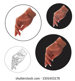 Low poly vector of a woman's left hand. Seen from beside. Sets with three styles, low poly fill only, fill with strokes, and strokes only.
