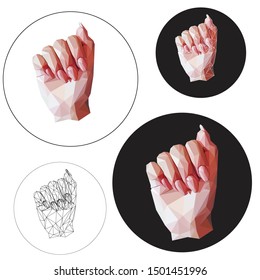 Low poly vector of a woman's right hand. Seen from front direction. Sets with three styles, low poly fill only, fill with strokes, and strokes only.