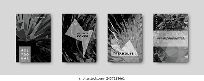 Volantes abstractos verticales bajos de poliéster en blanco y negro, colecciones de cubiertas de tamaño A4, fondos de conjunto, presentación de moda, geométrica, ciberpoligonal y multicolor hermosa, conjunto de carteles de triángulo