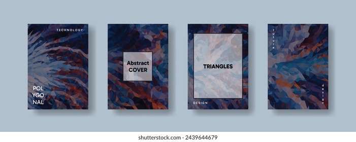 Low poly vertical abstract colorful flyers, collections of A4 size covers, set backgrounds, trendy, geometric, cyber polygonal and multicolor beautiful presentation, set of  triangle style posters