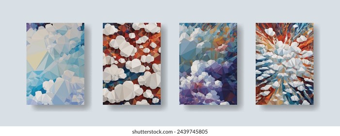 Volantes coloridos abstractos verticales de bajo poli con nubes de dibujos animados, colecciones de cubiertas de tamaño A4, fondos establecidos, presentación hermosa de moda, geométrica, ciberpoligonal y multicolor, afiches