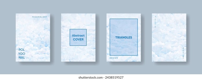 Volantes abstractos verticales bajos de poliéster blanco y azul claro, colecciones de cubiertas de tamaño A4, fondos establecidos, presentación hermosa de moda, geométrica, ciberpoligonal y blanca, conjunto de carteles de triángulo