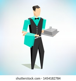 Low poly waiter. Character in uniform. Low poly. Vector flat illustration. Profession vector. Professional people. Finding a job.