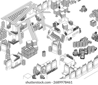 Mapa de depósito poli baixo com caixas geométricas e contêineres em linhas de contorno preto e branco. Este ativo representa armazenamento organizado e logística em um fundo branco limpo.