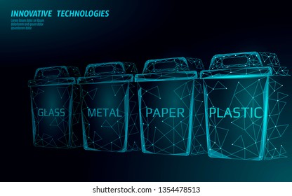 Concepto 3D de baja separación de residuos de polietileno. Basura reciclar plástico papel de aluminio contenedor de vidrio. Guardar Campaña ecológica poligonal del planeta. Ilustración vectorial Urbana del Anuncio del movimiento de la basura